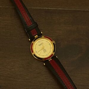Vintage Gucci Gold Watch with Red and Navy Blue Leather Strap